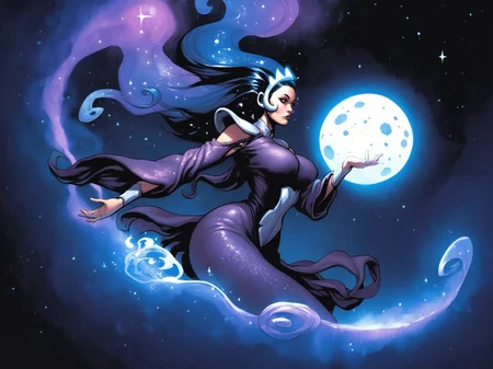 score_9, adult woman, star eyes, long hair, black hair, glowing inner-hair, colored sclera, long eyelashes, large breasts, wide hips, hourglass figure, void cosmic body, cosmic robe, oversized sleeves, drapery, cosmic background, solo, reveling dress, seductive look, glitter hair, glitter in hair, cosmic hair, side view, Floating, floating in universe, (don't touch ground:1.5), planet in hand, milky way, horns, wings, tails, cosmic godess, godess, <lora:FrankChoStyleV1:0.8>, score_8_up, score_7_up