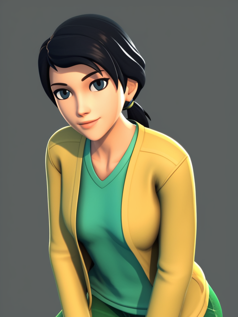 score_9, score_8_up, score_7_up, score_6_up, BREAK masterpiece, perfect face, perfect hands, high quality, source_cartoon, BREAK (1girl, solo,) <lora:June_Darby_-_Transformers_Prime:1> june, black hair, short hair, black eyes, low ponytail, (3D, cgi,)yellow open jacket, green shirt, green pants,