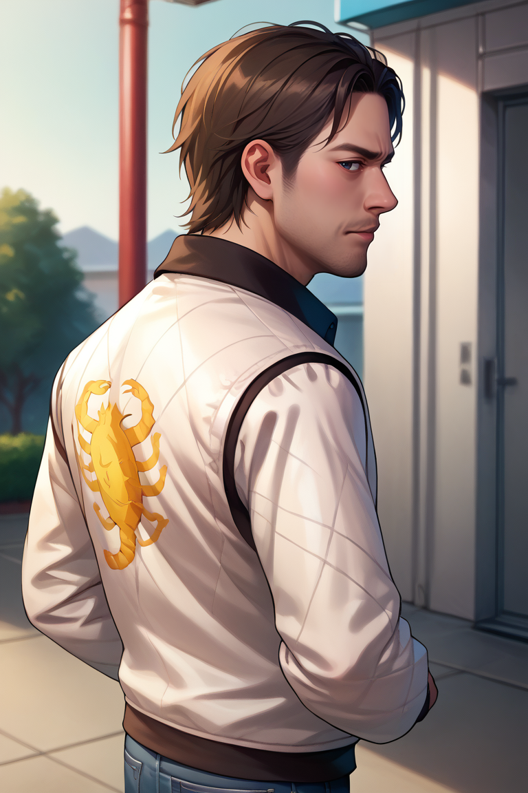 score_9, score_8_up, score_7_up, BREAK, 1boy, solo,  <lora:akiyama-guy-PONYv1:.9>, akiyama,  <lora:drivejacket-outfit-richy-v1_pdxl:0.95> print jacket, white jacket, from behind, jeans, from side, looking at viewer,