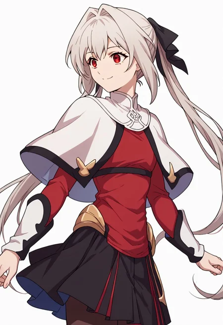 score_9, score_8_up, score_7_up, source_anime, <lora:lynneburg-clays-s1-ponyxl-lora-nochekaiser:1>, lynneburg clays,
long hair, red eyes, twintails, grey hair, hair intakes, hair ribbon, pantyhose, capelet, white capelet, dress, red dress, long sleeves, skirt, black skirt, pleated skirt,
white background,
smile, from side, solo, cowboy shot, dutch angle