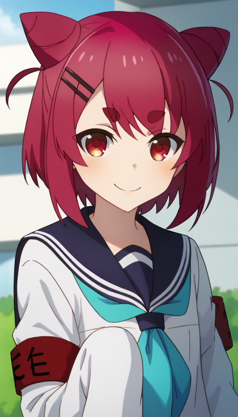 score_9,score_8_up,score_7_up,score_6_up BREAK official art,solo,outdoors,upper body,(portrait:1.5),looking at viewer,facing viewer,smile,blush,Nekoyamada Neko,short hair,red hair,cone hair bun,double bun,hair ornament,hairclip,bangs,short eyebrows,thick eyebrows,red eyes,school uniform,blue sailor collar,blue neckerchief,white shirt,long sleeves,sleeves past fingers,armband,blue skirt,pleated skirt,zettai ryouiki,white thighhighs,loafers,brown footwear,<lora:Nekoyamada Neko(snk)-Pony:1.6>,