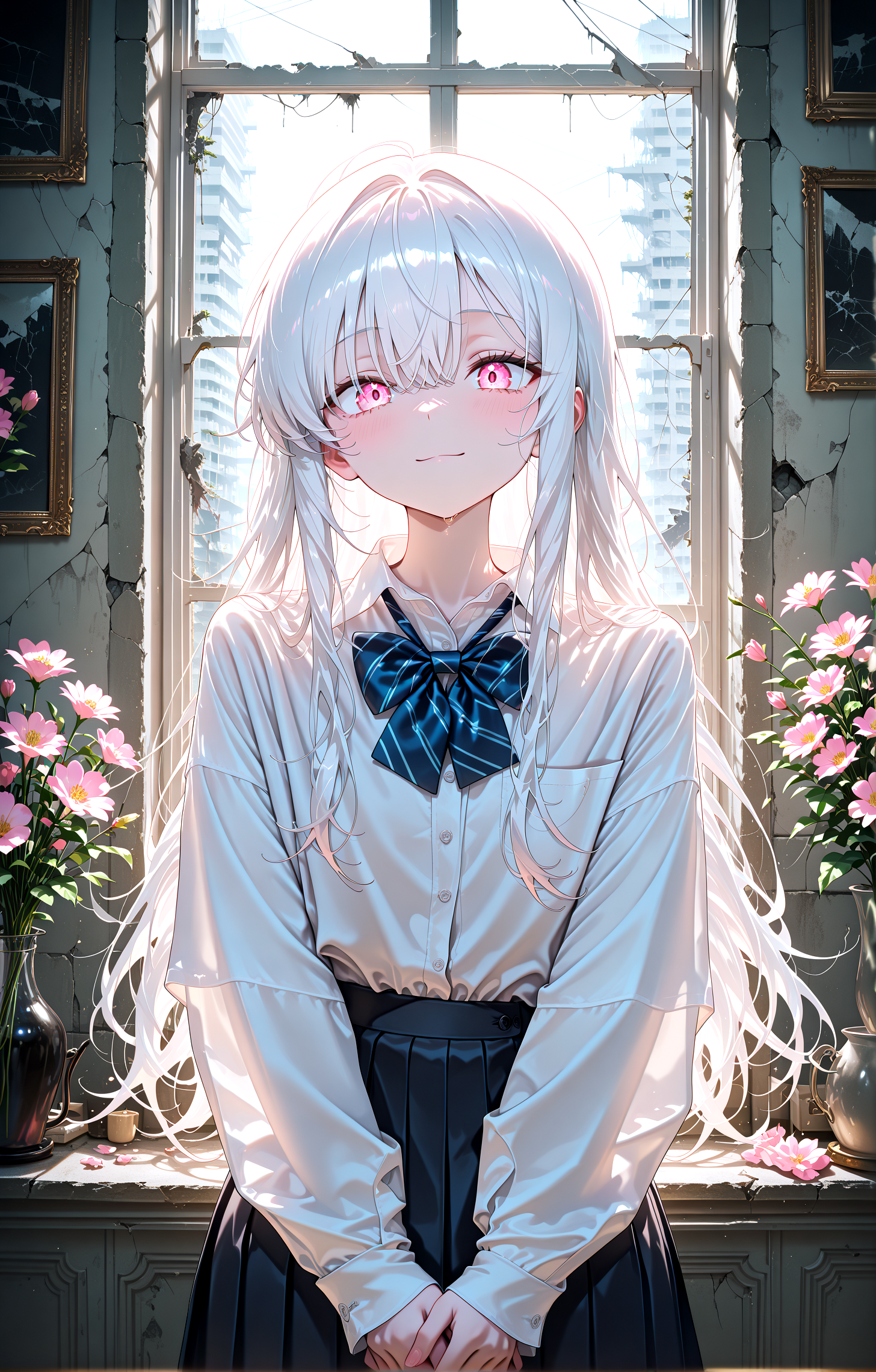 masterpiece, best quality, amazing quality, very aesthetic, absurdres,  newest,
indoors,flower,ruins,small_window,
1girl,long hair,facelight,shirt,bowtie white hair , pink eyes, 
standing, (from front:1.5) very close-up upper body
looking_at_viewer,closed_eyes,v arms open_hands,cupping_hands
{{best_quality}},{{amazing_quality,very_aesthetic}},
masterpiece, best quality, amazing quality, very aesthetic, absurdres,  newest, volumetric lighting,<lora:spo_sdxl_10ep_4k-data_lora_webui:1>  <lora:KonyaKarasue-Lokr-NOOBEPS110:1>  <lora:VenetianLightingILL:1>light_smile <lora:il_color_temp_slider_d1:0.25>