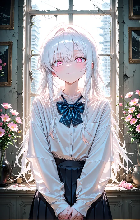 masterpiece, best quality, amazing quality, very aesthetic, absurdres, newest,
indoors,flower,ruins,small_window,
1girl,long hair,facelight,shirt,bowtie white hair , pink eyes,
standing, (from front:1.5) very close-up upper body
looking_at_viewer,closed_eyes,v arms open_hands,cupping_hands
{{best_quality}},{{amazing_quality,very_aesthetic}},
masterpiece, best quality, amazing quality, very aesthetic, absurdres, newest, volumetric lighting,<lora:spo_sdxl_10ep_4k-data_lora_webui:1> <lora:KonyaKarasue-Lokr-NOOBEPS110:1> <lora:VenetianLightingILL:1>light_smile <lora:il_color_temp_slider_d1:0.25>