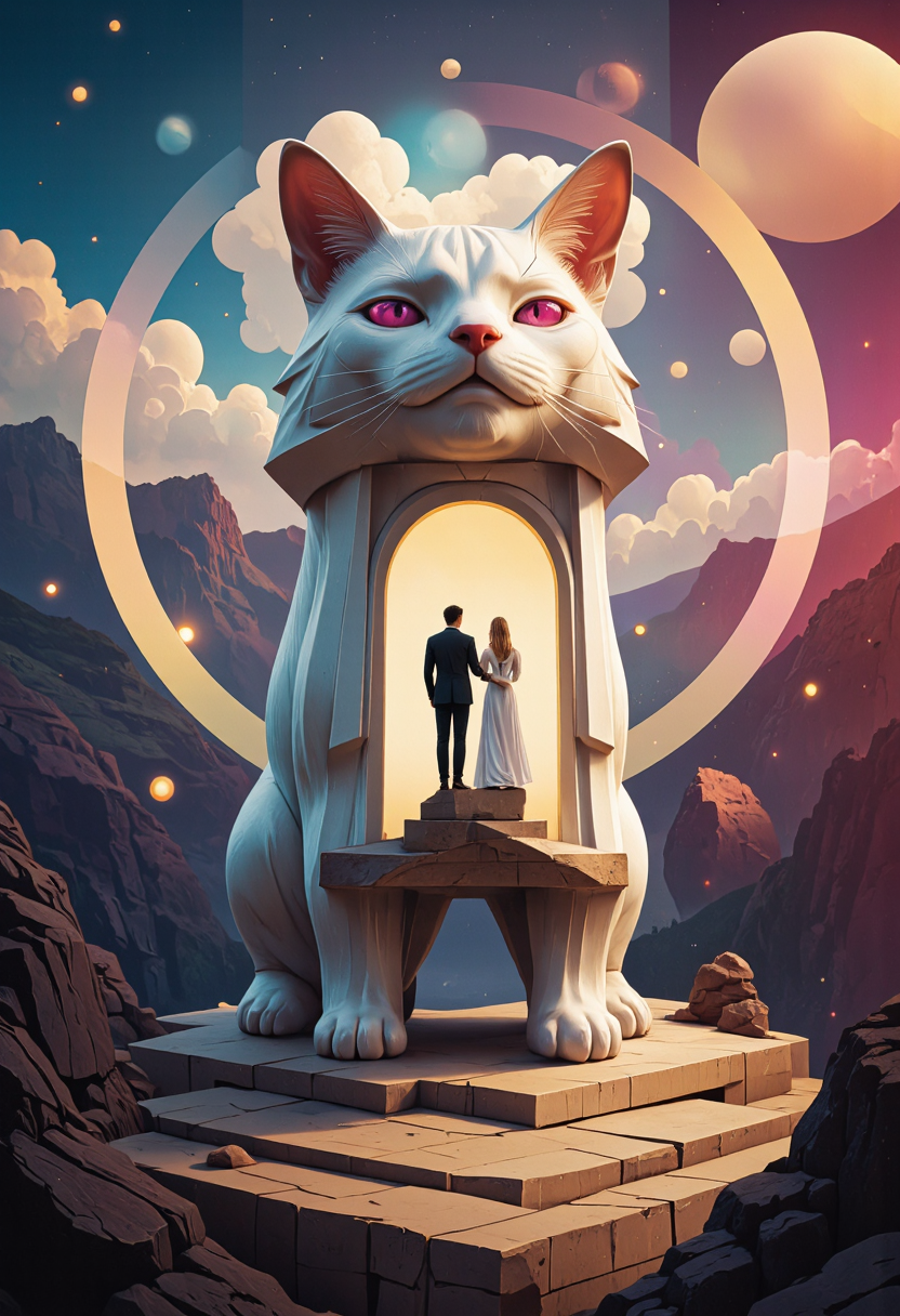 <lora:Pieper-Geometrics-Afterlife:0.8>, Landscape with impossible structures,A magical cat who helps a poor family regain their fortune, glossy paper, iso150, 35mm, score_9, score_8_up, score_7_up, intricate details, Hyperrealism style, 3d, concept-art, dreaminess, psychedelic, shallow-depth-of-field, cinematic lighting, soft bokeh, very beautiful composition, Unreal, real-time 3D, Epic Games style, Unreal Engine style, 3d-rendering, vibrant contrast depth and shadow enhanced using (Gaussian blur) for a soft background focus, (sharpen filter) applied, (color grading) to enhance contrast between warm and cool tones, (noise reduction) for a smooth, clean finish, (HDR toning) used for extra depth and detail, highly detailed dreamy background detailed skin texture, subsurface scattering award-winning, professional, highly detailed. dreamlike, mysterious, provocative, symbolic, intricate, detailed, hyper-detailed, masterpiece, award winning, midjourneyv6.1