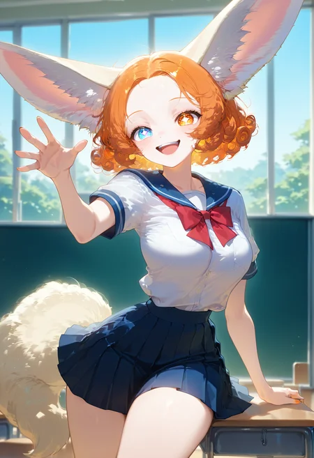 score_9_up, score_8_up,score_7_up masterpiece, best quality, amazing quality, very aesthetic, absurdres, newest, scenery, detailed hair, 1girl, solo girl, cowboy shot, school uniform, navel, dynamic pose, thighs, sitting on chool desk,
<lora:Zara_Orange_Pony_V2.0:1> Zara Orange, fennec girl, fennec tail, heterochromia eyes, rhombus shaped pupils,(((adult))), short curly hair, bangs, short hair, lovely smile, reaching,
