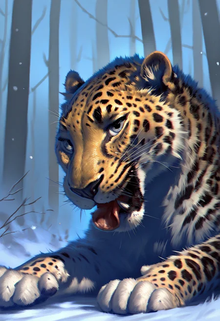 best quality, masterpiece, very awa, leopard, amurleopard, animal, no humans, feral, quadruped, solo, grey eyes, black nose, tongue, lying, winter, forest, snowing, outdoors, 8k, amazing quality, very aesthetic, absurdres, taran fiddler, darkgem <lora:amurleopard_ilxl_8-000012:1.3>