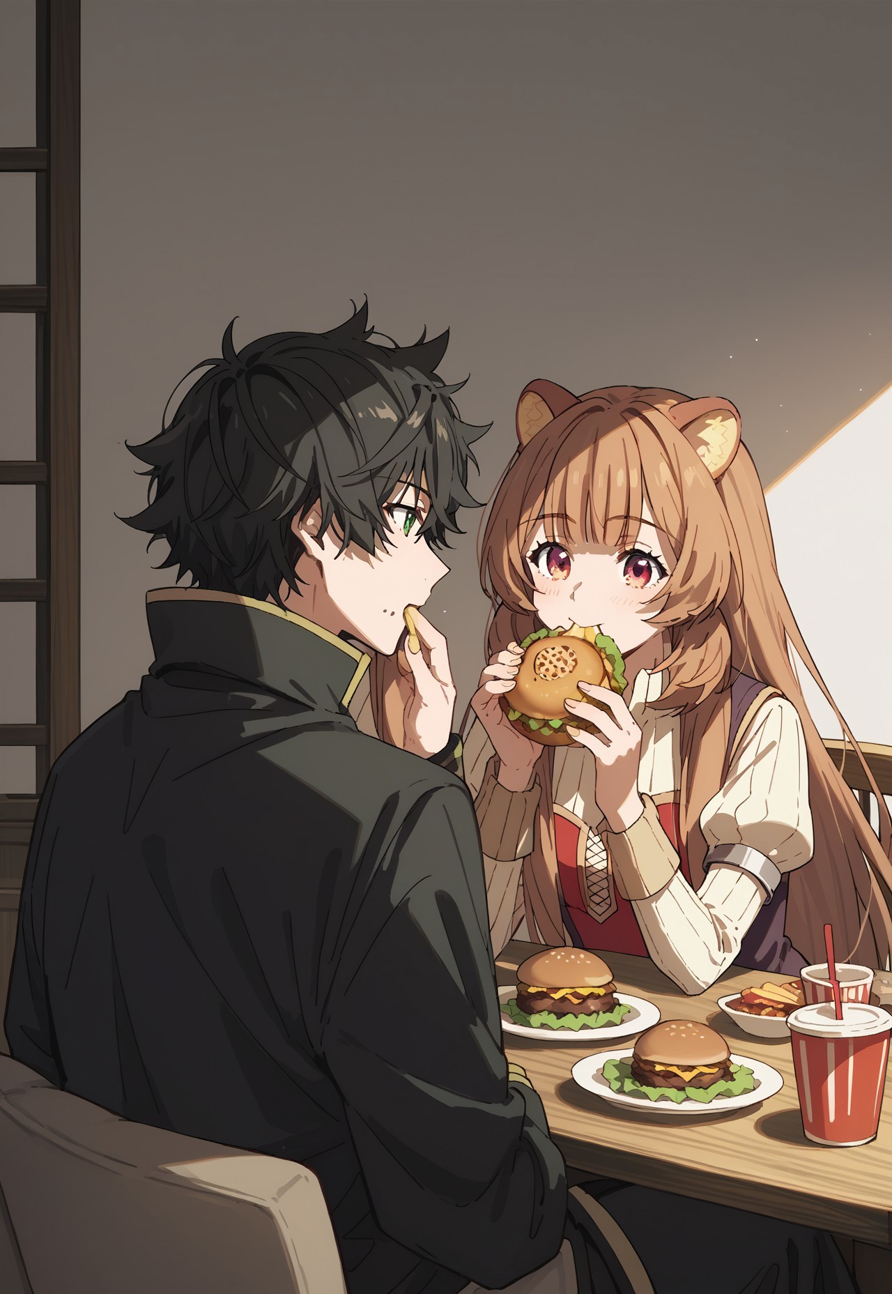 score_9, score_8_up, score_7_up, source_anime, rating_safe, NaofumiSH, black_Naofumi_hair, green_Naofumi_eyes, raphtalia, couple focus, 1boy, 1girl, eating burger, siblings, cute wallpaper,