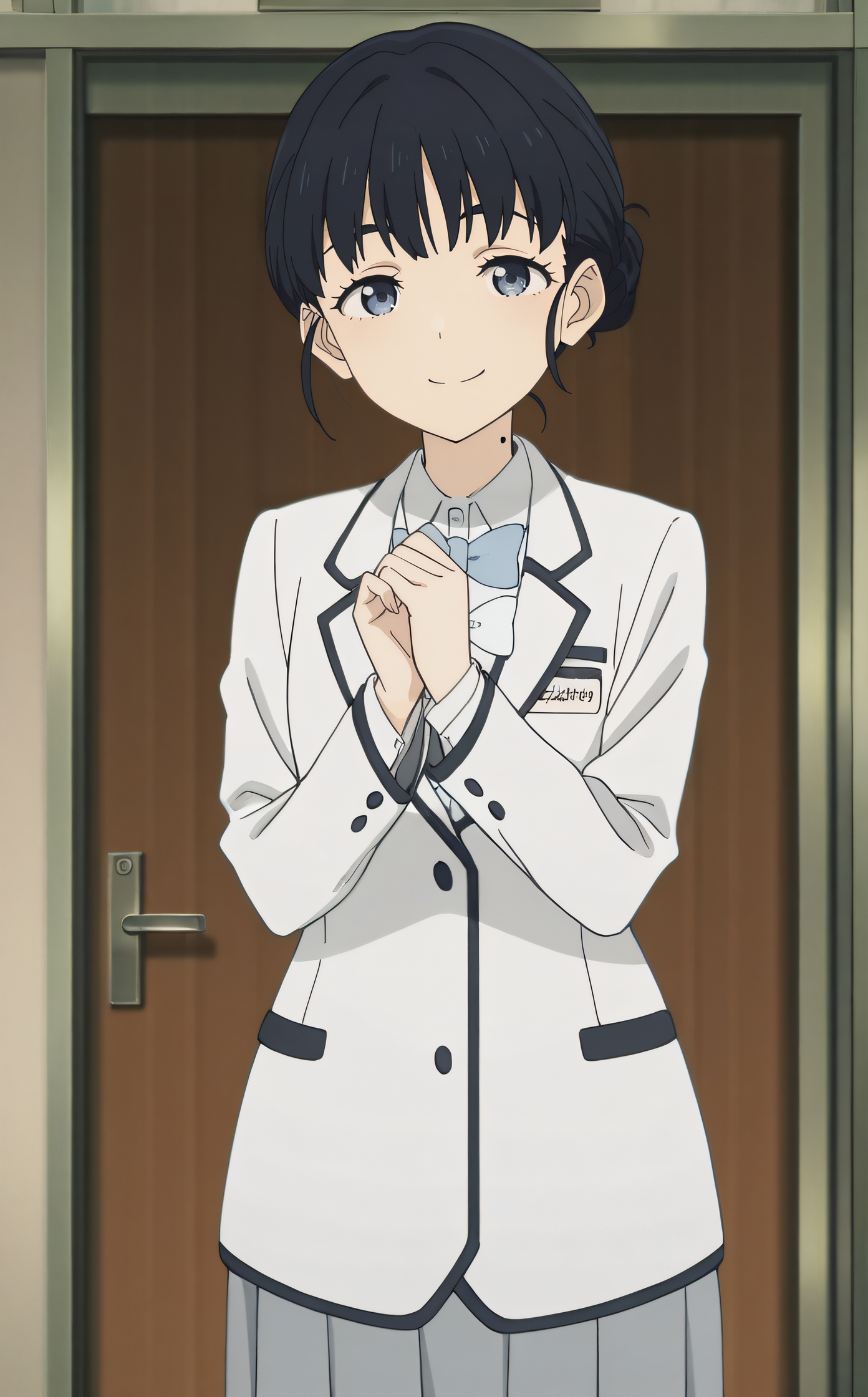 masterpiece, best quality, highres, newest, 1girl, solo, official style, anime screencap, <lora:Basori_Tiara:1>, basori, mole on neck, school uniform, white blazer, name tag, long grey skirt, smile, indoor, cowboy shot, five fingers, own hand together, looking at viewer, hands down