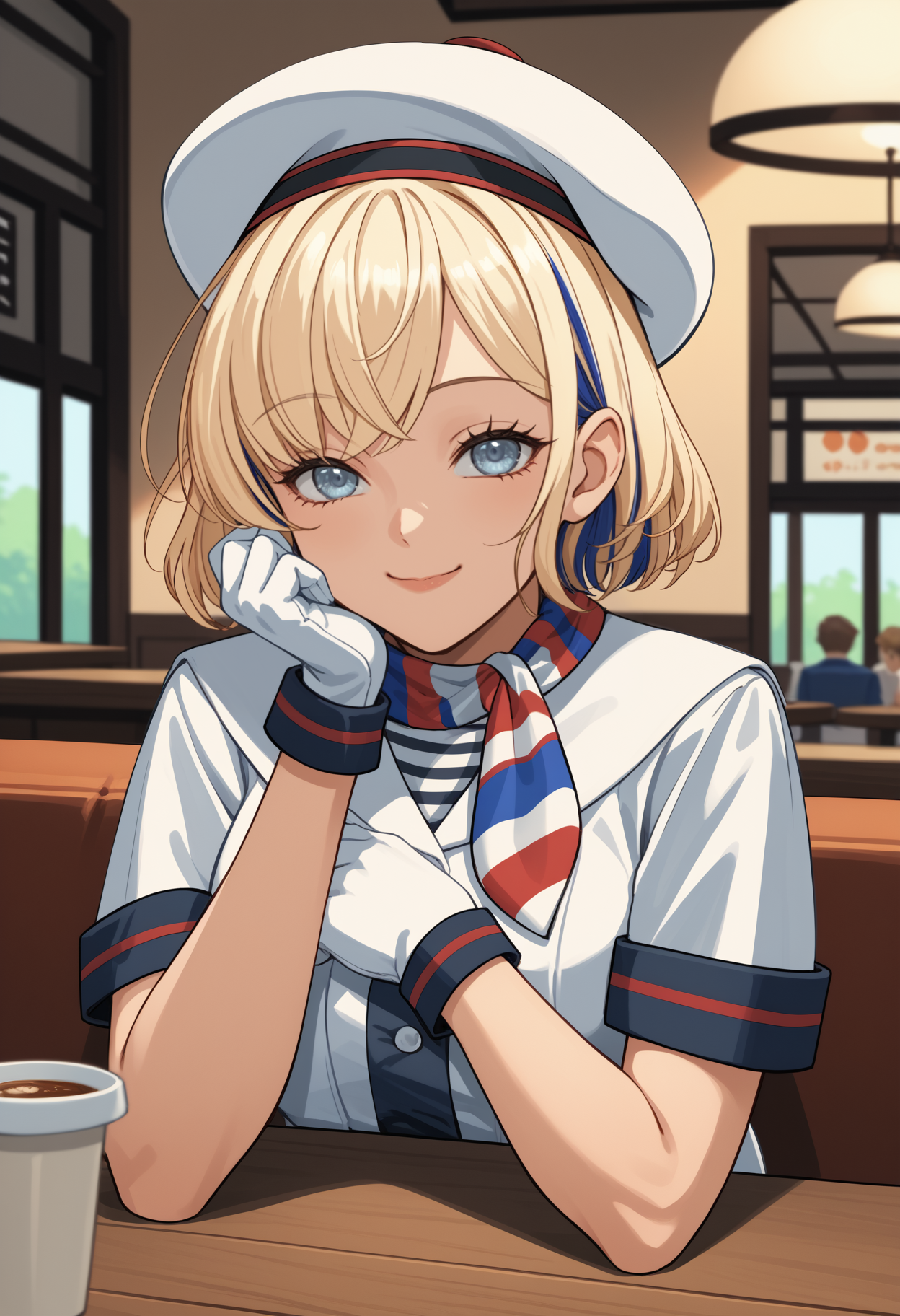 score_9, score_8_up, score_7_up, source_anime, <break> upper body, solo, 1girl, kcgloire, smile, looking at you, head rest, multicolored hair, blonde hair, blue hair, white headwear, beret, white dress, sailor dress, buttons, short sleeves, white gloves, multicolored scarf, indoors, cafe, table
<segment:yolo-face_yolov8m.pt,0.4,0.5//cid=1>