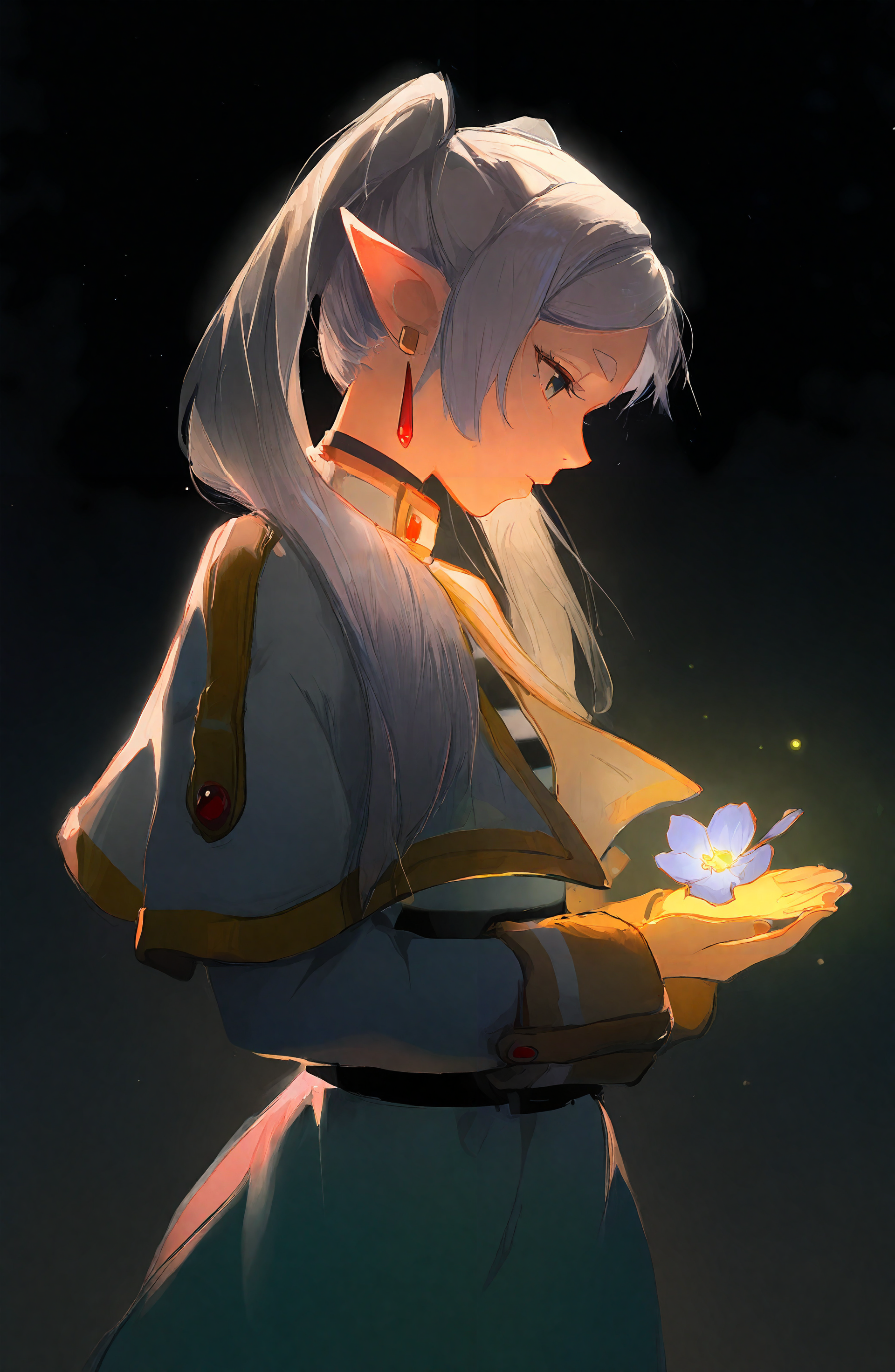 frieren, 1girl, solo, long_hair, shirt, long_sleeves, holding, jewelry, twintails, green_eyes, white_hair, flower, earrings, pointy_ears, from_side, profile, capelet, elf, white_capelet, dangle_earrings
