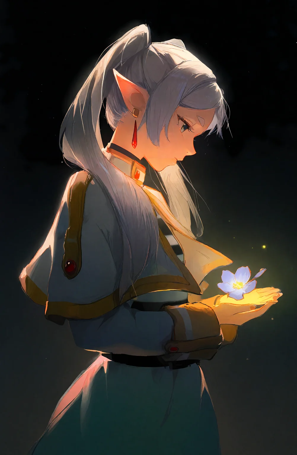 frieren, 1girl, solo, long_hair, shirt, long_sleeves, holding, jewelry, twintails, green_eyes, white_hair, flower, earrings, pointy_ears, from_side, profile, capelet, elf, white_capelet, dangle_earrings