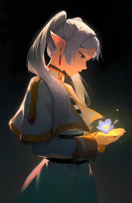 frieren, 1girl, solo, long_hair, shirt, long_sleeves, holding, jewelry, twintails, green_eyes, white_hair, flower, earrings, pointy_ears, from_side, profile, capelet, elf, white_capelet, dangle_earrings