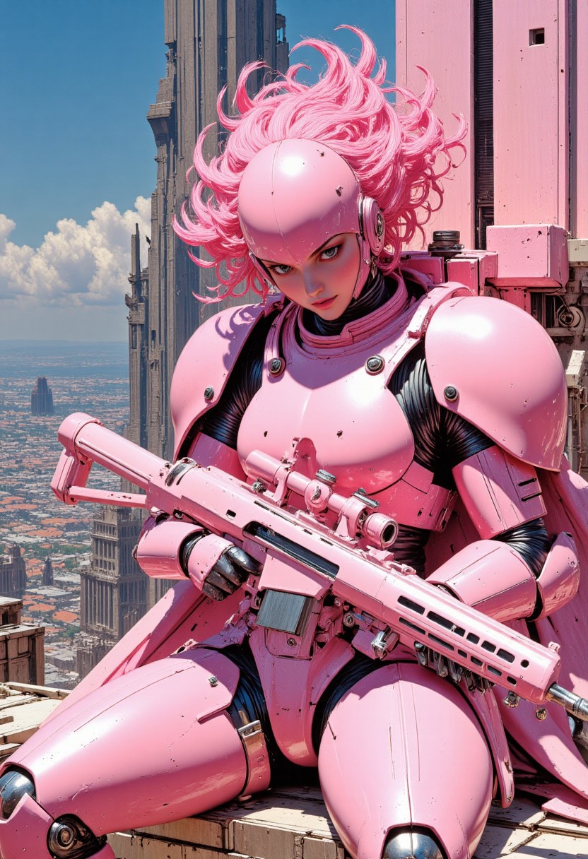 hyper realistic and highly detailed, highly dynamic cinematic panorama view, 
girl in pink high-tech armor, candy armor, pink hair, holding a pink candy rifle, bright day, high-tech city, sunny weather, on the roof, sitting on the edge of a building, cheerful playful mood.
Perfect hand. candy colors in the style of ckcf,