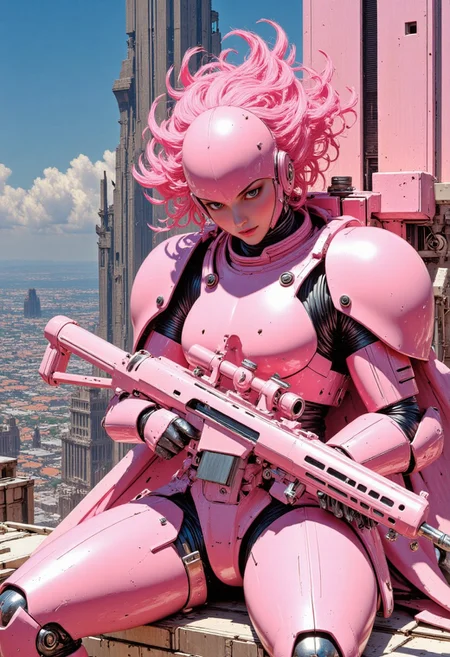 hyper realistic and highly detailed, highly dynamic cinematic panorama view,
girl in pink high-tech armor, candy armor, pink hair, holding a pink candy rifle, bright day, high-tech city, sunny weather, on the roof, sitting on the edge of a building, cheerful playful mood.
Perfect hand. candy colors in the style of ckcf,