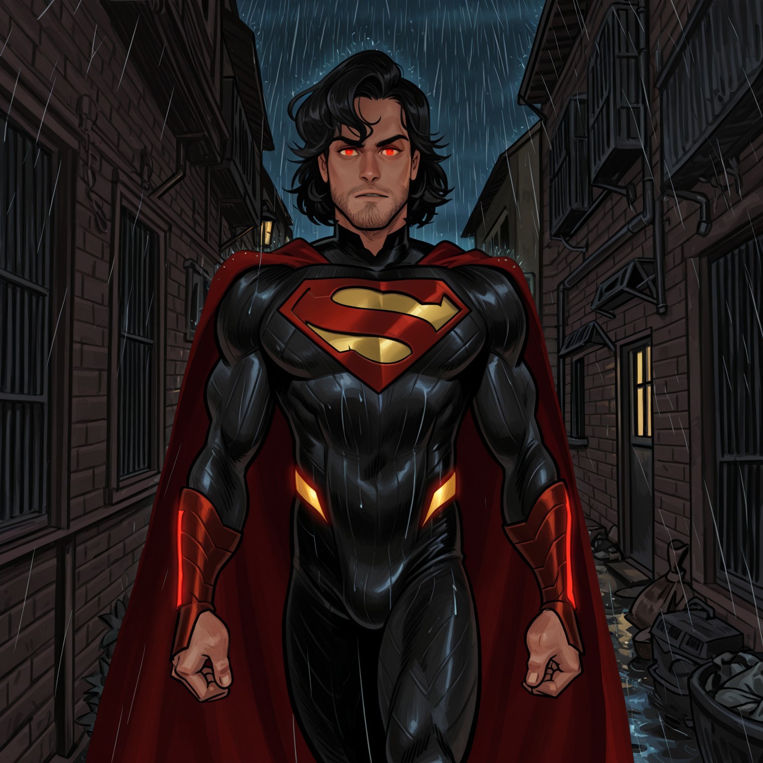 AlexAhad, masterpiece, best quality, hyper-Detailed, 1man, solo, male focus, alone, detailed, absolute superman ((young, muscular male, fair skin, black hair, medium hair, completely red eyes, glowing eyes, beard stubble)), ((wearing black superman bodysuit, red arm guards, red dusty cape)), walking in a dark city alley, slums, looking at the viewer, night, raining