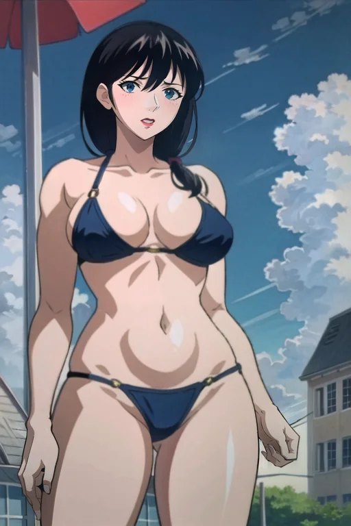 1girl, beach_umbrella, bikini, black_hair, blue_bikini, blue_eyes, blue_sky, breasts, building, cleavage, cloud, collarbone, cowboy_shot, day, large_breasts, long_hair, looking_at_viewer, navel, o-ring, o-ring_bikini, outdoors, parted_lips, power_lines, sky, solo, standing, stomach, swimsuit, umbrella