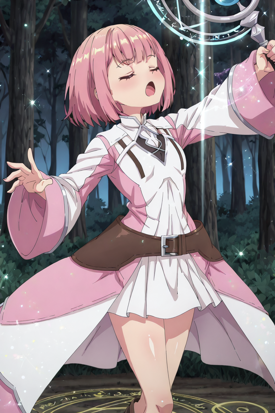 detailed background, shiny skin, posing,
<lora:guilmas.il:1>,
guilmas,
lululee, 
clothed girl,
casting magic, magic circle, glitter, sparkle, bloom, closed eyes, light effects, holding staff, 
night, outdoors, open mouth, forest, windy, floating skirt, light beam, light pillar,