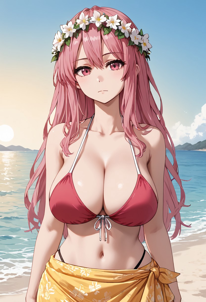 score_4,score_5,score_6,score_7_up,score_8_up,score_9 ((masterpiece,best quality,ultra detailed,highres,HD,4k:1.2))
oekaki,jaggy lines,
1 girl,solo,girl forcus,solo forcus, 
large breasts, long hair,pink hair,  head wreath,  pink eyes,
swimsuit, bikini, sarong, cleavage,front-tie top, red bikini, navel,
beach,sea,sun,summer,
Expressionless, jitome,