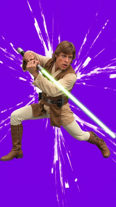 <lora:Luke_Skywalker_-_Young:0.9> <lora:JEDIOTFIT_FLUX:1> A dynamic, high-energy scene captures Luke Skywalker training with a (green lightsaber) mid-action as he bursts through a shattered glass surface, shards flying in all directions. The background is a solid, vivid purple, creating a stark, intense contrast with the sharp, reflective fragments of glass. He wears a jediotfit slightly torn and bloodied from the impact. His body is marked with small cuts from the glass, droplets of blood glistening under the light. His expression is one of pure fury, his eyes locked onto the viewer as if they are the target of her rage. His pose is explosive, one leg extended forward as if heâs leaping through the air, his arms raised defensively or ready to strike. The glass shards around him are frozen in mid-air, their jagged edges catching the light and creating a chaotic, almost surreal effect. The purple background amplifies the intensity of the moment, evoking a sense of danger and raw emotion. The atmosphere is charged with adrenaline, the aftermath of his violent breakthrough palpable in every detail. The image feels as if itâs happening directly in front of the viewer, Luke Skywalkerâs momentum and the flying glass creating a sense of immediacy and immersion. Itâs a moment of chaos and power, a snapshot of rage and determination frozen in time. The combination of the purple backdrop, the sharp glass, and Luke Skywalkerâs fierce expression makes for a visually striking and emotionally charged composition. He goes forward, driven by duty and the promise of glory.