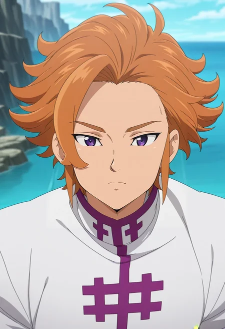 masterpiece, best quality, , anime screencap, anime coloring, official style, , 1boy, solo, male focus, <lora:arthur_pendragon_ilxl:0.9>, arthur_pendragon, orange hair, purple eyes, short hair, ,