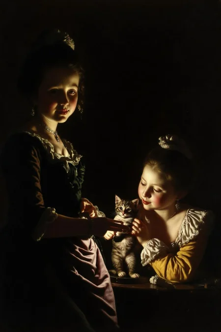 josephwright1 painting.
Two young girls interact with a small kitten in a dimly lit room, their faces illuminated by a single light source. The girl on the left wears a dark dress with lace and gently holds the kitten. The girl on the right wears a yellow dress with ruffles and looks at the kitten with a gentle expression. <lora:josephwright1_cap_d6a3e12:1.0><lora:849101465812224025:0>