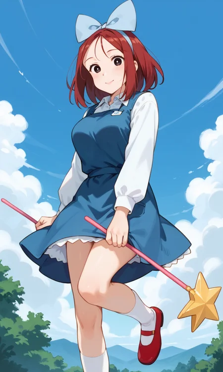 (1girl:1.5), (solo:1.3), (score_9, score_8_up, score_7_up, score_6_up, score_5_up, score_4_up), (source_anime), rating_questionable, looking at viewer, (cowboy shot:1.3), outdoors, blue sky, cloudy sky, looking at viewer,
(shiwasu-mari), (black eyes, red hair, medium hair, parted bangs, parody hair), (large breasts), <lora:magical-mari-early_v1:0.9> (light blue big hair bow, royal blue pinafore dress, white collared shirt, long sleeves, white bobby socks, red footwear, mary janes), (holding wand), wide-eyed, smile, broom riding,
