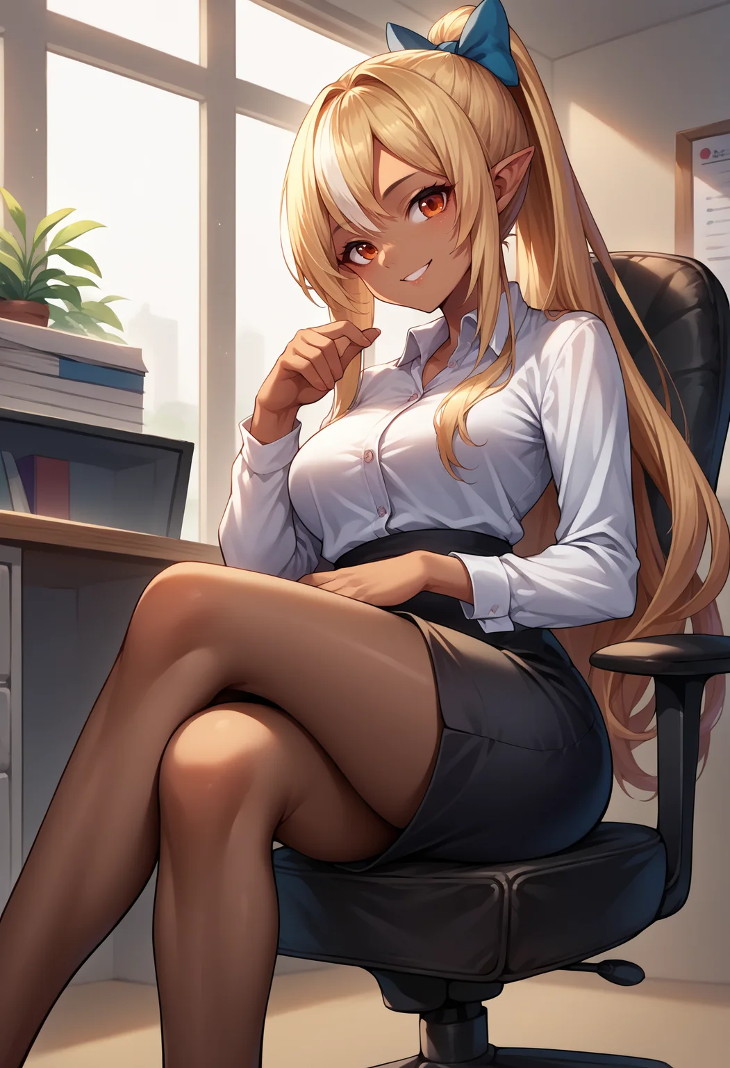 score_9, score_8_up, score_7_up, source_anime, 1girl, solo, ShiranuiFlare, dark skin, long hair, high ponytail, hair bow, indoors, office lady, office chair, sitting, crossed legs, miniskirt, black pantyhose, dress shirt, smile, <lora:ChjamShiranuiFlarePonyXL:1>