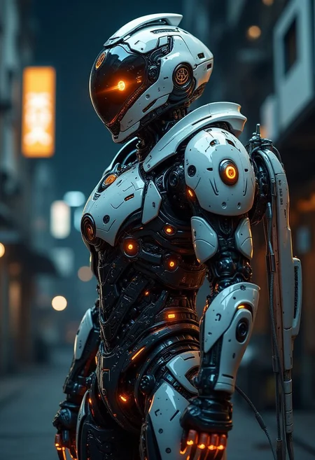 YFG-Zaat Realistic Photography, Male cyborg in a cyberpunk city alley at night, Cyber-Samurai, high action pose, highly detailed, reflective armor, shadows, otherworldly, interesting color pallet, Stunning visuals, Texture