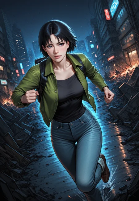 masterpiece, best quality, detailed, realistic, three quarters angle, 1girl, solo, Yokreo, short hair, black hair, green jacket, black shirt, jeans, backpack, shoes, running, city, at night, destruction,