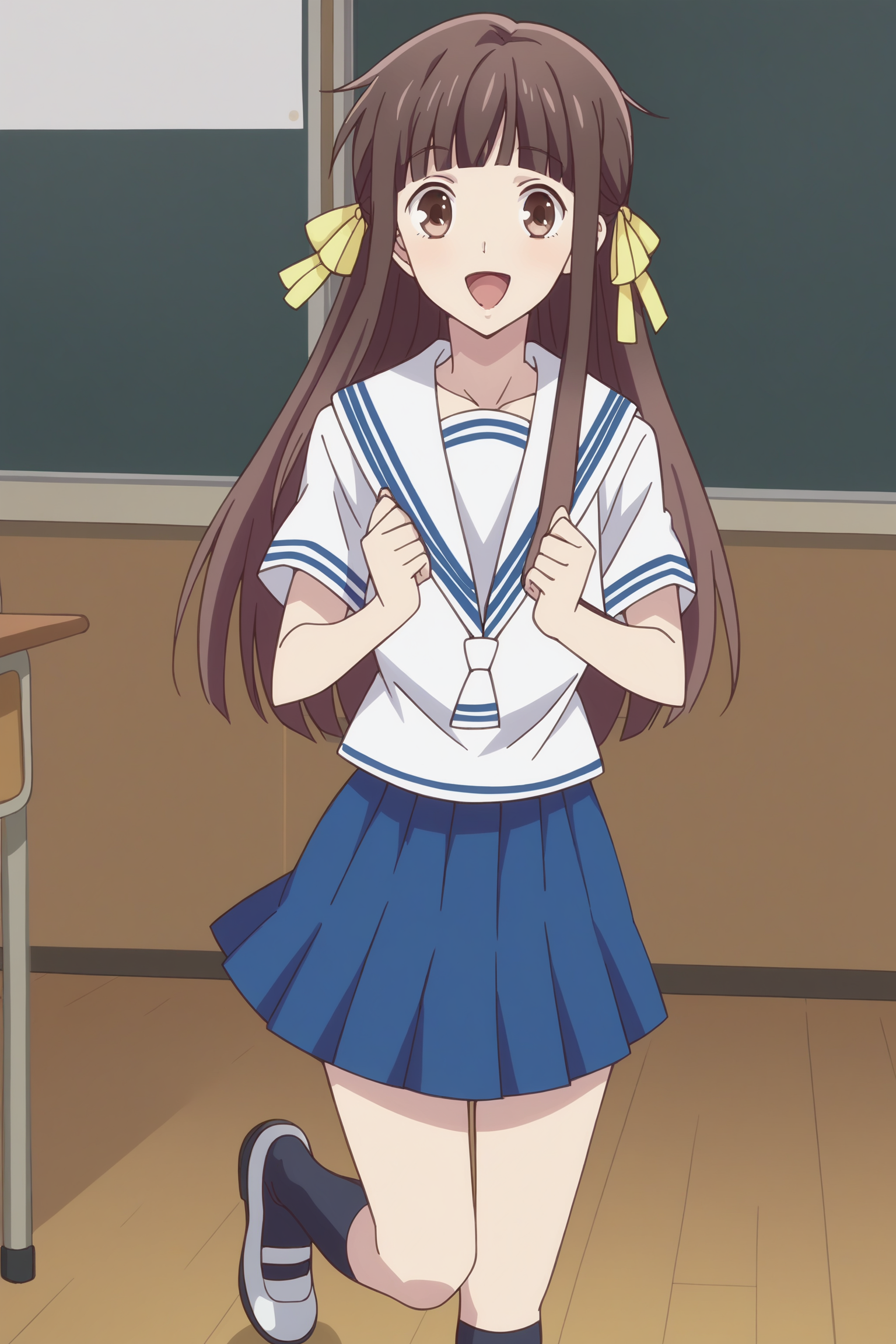 score_9, score_8_up, score_7_up, source_anime,anime screencap,anime coloring,
 <lora:Tohru_Honda:1>18 year old girl, solo, brown hair, brown eyes, blunt bangs, Tohru white school uniform | hair ribbon, yellow ribbon, serafuku, pleated blue skirt, socks, shoes,
inside a classroom
full body shot, looking at the viewer, mouth open, smiling, happy girl