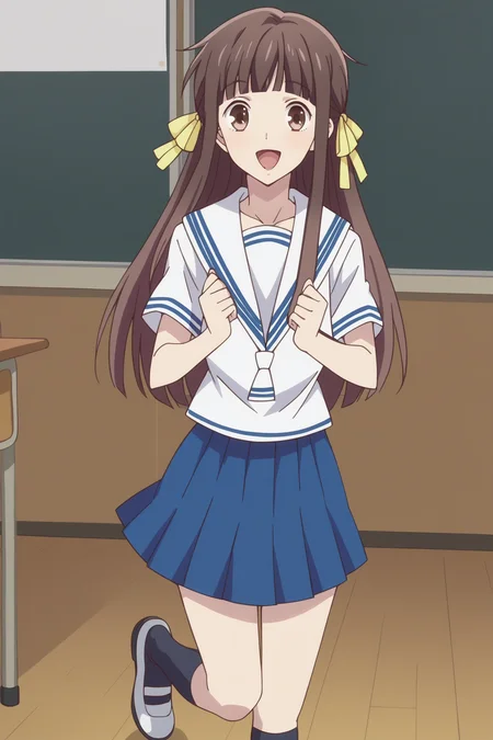 score_9, score_8_up, score_7_up, source_anime,anime screencap,anime coloring,
<lora:Tohru_Honda:1>18 year old girl, solo, brown hair, brown eyes, blunt bangs, Tohru white school uniform | hair ribbon, yellow ribbon, serafuku, pleated blue skirt, socks, shoes,
inside a classroom
full body shot, looking at the viewer, mouth open, smiling, happy girl