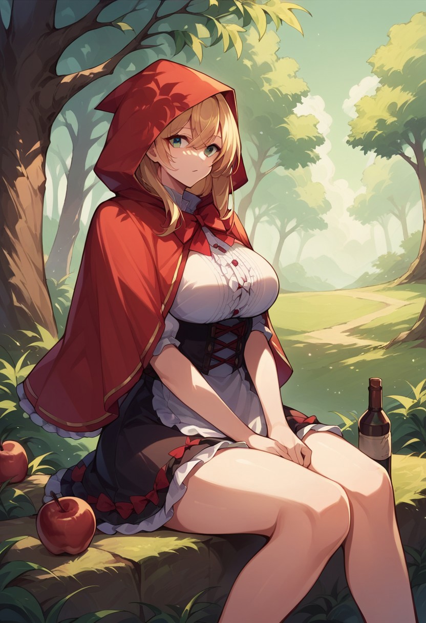 score_9, score_8_up, score_7_up, source_anime, little red riding hood (grimm), standing, nature, fruit, outdoors, apple, large breasts, bottle, frilled skirt, red bow, sitting