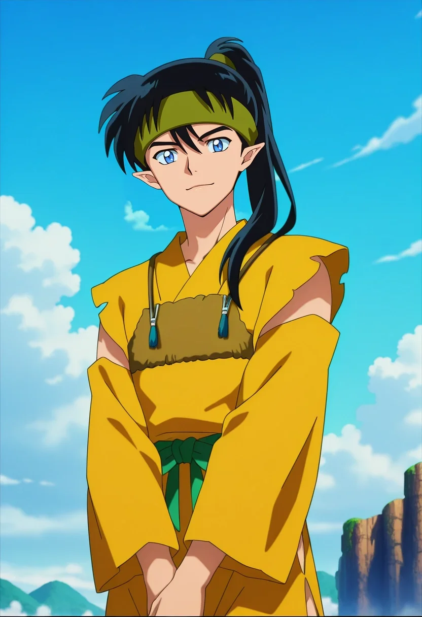 masterpiece, best quality, , anime screencap, anime coloring, official style, looking at viewer, 1boy, solo, male focus, <lora:kouga_inuyasha_ilxl:0.96>, kouga_inuyasha, black hair, blue eyes, long hair, ponytail, pointy ears, headband, , asymmetrical, atlantis, day, clouds, v arms, light smile, ,