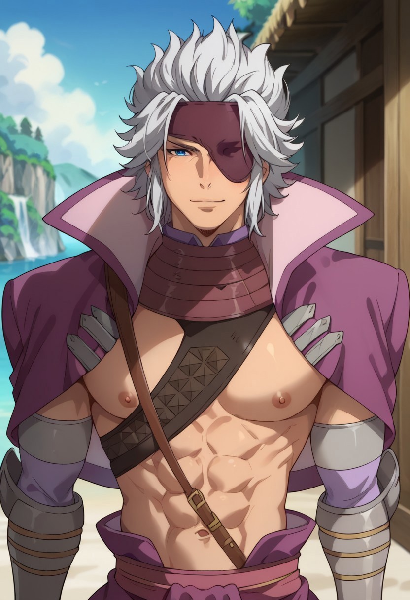 score_9, score_8_up, score_7_up, source_anime, highly detailed, 

Motochika, 1boy, male focus, solo, grey hair, aged up, medium hair, blue eyes, eyepatch, jacket, purple jacket, jacket over shoulders, arm armor, gloves, abs, belt, shoulder belt, upper body,

outdoor,