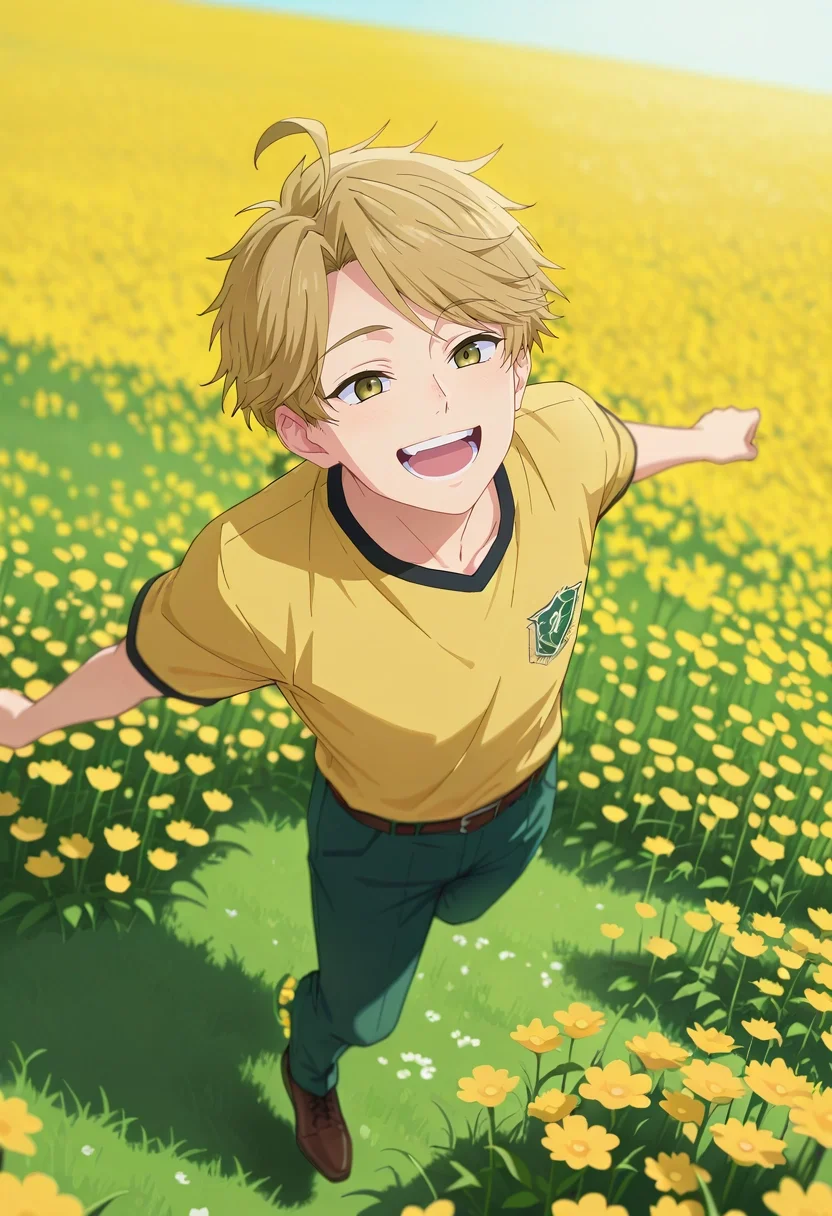masterpiece, best quality, , semi-realistic, , 1boy, solo, male focus, <lora:yuuma_nikaidou_ilxl:1>, yuuma_nikaidou, blonde hair, yellow eyes, short hair, ahoge, from above, flower field, flowers, light, jumping, laughing,