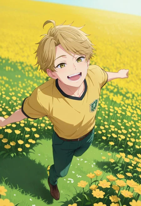 masterpiece, best quality, , semi-realistic, , 1boy, solo, male focus, <lora:yuuma_nikaidou_ilxl:1>, yuuma_nikaidou, blonde hair, yellow eyes, short hair, ahoge, from above, flower field, flowers, light, jumping, laughing,
