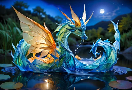 high quality, extremely detailed and beautiful origami fantasy translucent magical water elemental creature, glowing within, blue and white colors <lora:TQ_-_Fairy_Tale_Origami_Paintings:0.5>, beautiful vibrant dark moonlight lake at night, serene lakes, water splashing, harp focus, intricate, detailed illustration, beautiful color palette, incredible details, high contrast, high dynamic light, perfect composition and chiaroscuro, glowing magical moonlight, bioluminescent creature, intricately detailed, true masterpiece, <lora:sss:1> <lora:SDXLFaeTastic2400:0.5> <lora:chillet_v2:1> animal, no_humans