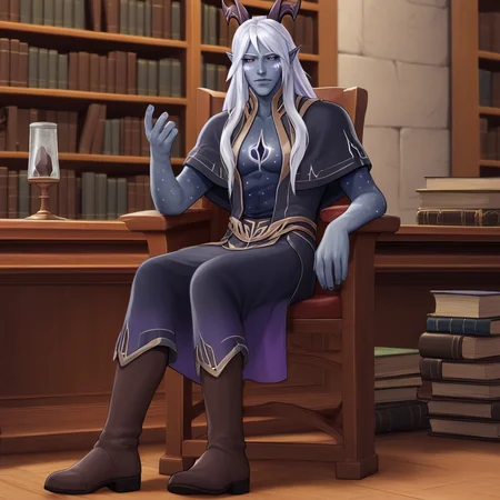 score_9, score_8_up, score_7_up, professional 3d render of aara, long hair, colored skin, grey skin, facial mark, horns, bangs, pointy ears, capelet, chest tattoo, high collar, bare pectorals, belt, skirt, dress, boots, he's sitting on a chair, in an elven palace room, fantasy genre, bookshelves in the  background  <lora:Classic Fantasy:0.25> FANTASY, CLASSICFANTASY,  CLASSICFANTASY ART, <lora:fantasy_world_pony:0.25>  <lora:AaravosPonyLora:1>
