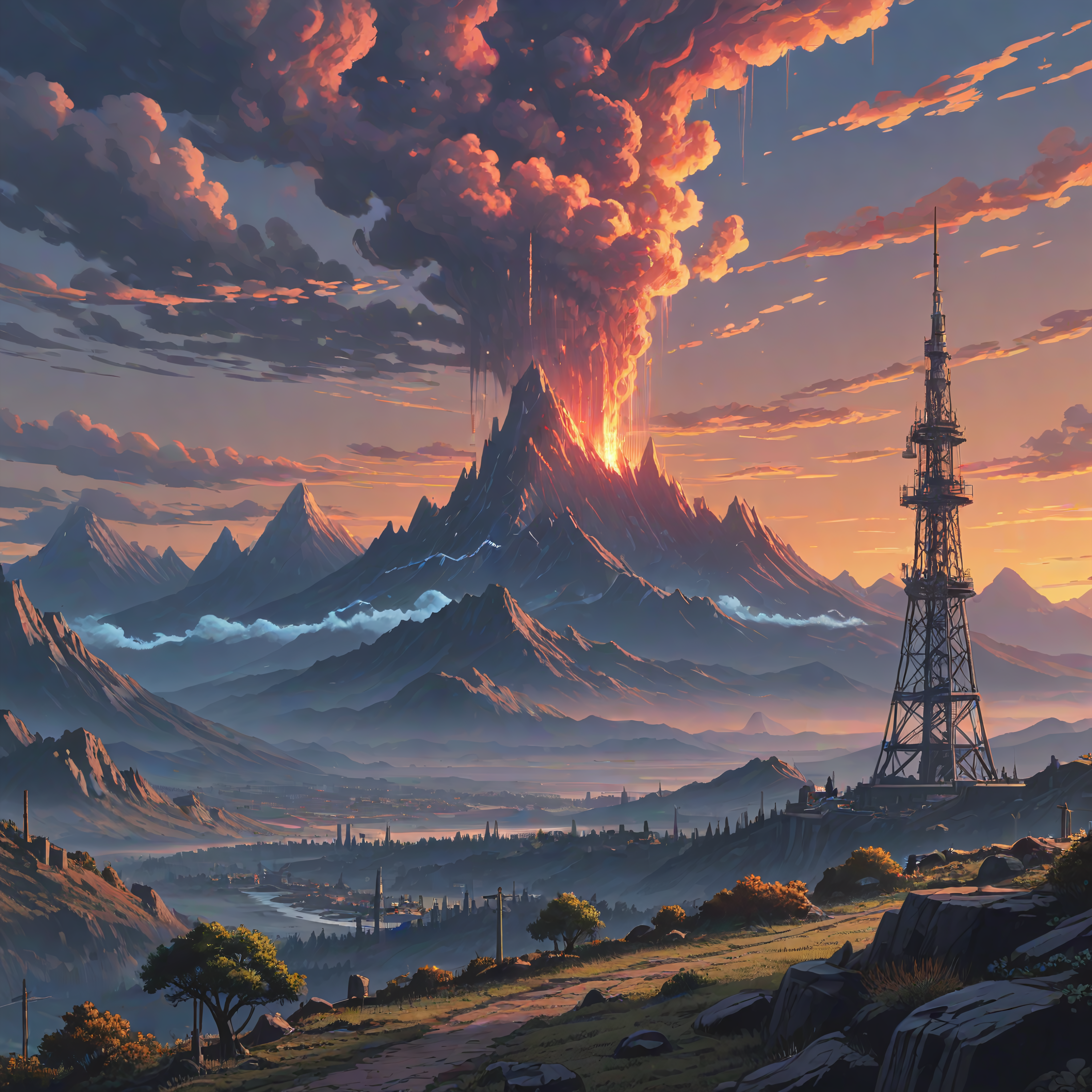 anime pixel art, landscape of a Sovngarde in the distance there is a Telecommunications tower, Neat, 35mm, studio anime ,8k, masterpiece, best quality, hyperrealistic, superrealistic, photorealistic, ultra sharp, 16 bit colors, highres,