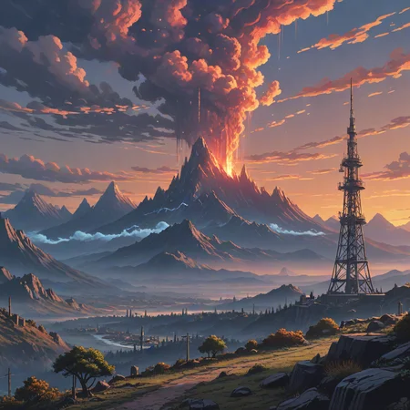 anime pixel art, landscape of a Sovngarde in the distance there is a Telecommunications tower, Neat, 35mm, studio anime ,8k, masterpiece, best quality, hyperrealistic, superrealistic, photorealistic, ultra sharp, 16 bit colors, highres,