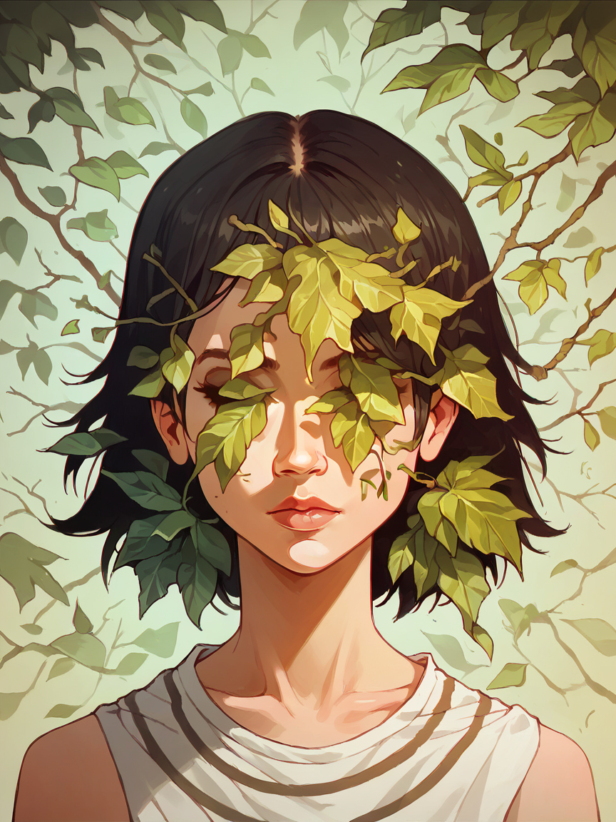 score_9, score_8_up, score_7_up, score_6_up, score_5_up,  <lora:t3ngXLP:1> t3ng, 1girl, portrait, abstract, leaf, no face