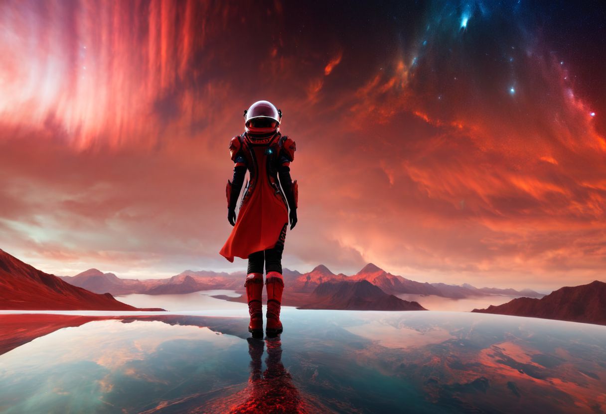 SyFyEye1, horizon, signature, red sky, ambiguous gender, fantasy, dress, lake, surreal, spacesuit, boots, <lora:SyFyEye1_XL_v1.0:1>