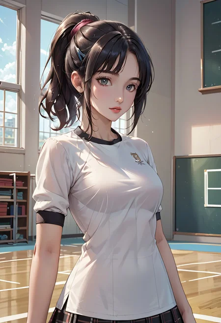 score_9, score_8_up, score_7_up, (masterpiece, Highest quality:1.4), (beautiful, beautiful, perfection, delicate, Complex:1.2), (cute, Adorable), (Depth of written border:1.2), Realistic Face:1.2, hand,
1Girl, 28yo, shihop5, black hair, ponytail, shirt, plaid skirt, bike shorts, asymmetrical legwear,
((School gymnasium, volleyball court, standing)), break, anatomically correct, cowboy shot,