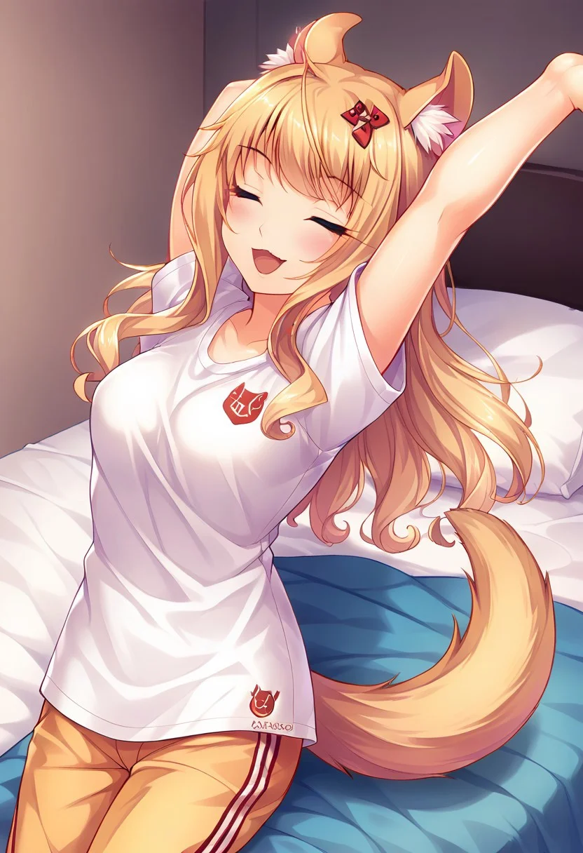 score_9, score_8_up, score_7_up, score_6_up, score_5_up, score_4_up, detailed eyes, detailed skin, source_anime, source_anime, BREAK, Maple, looking_at_viewer, solo, medium_breasts, cat_ears, animal_ear_fluff, cat_tail, <lora:Maple_V1(SDXL)_2:0.8> <lora:hand 4:1>, Hand, detailed, perfect, perfection, hands, BREAK, tshirt, white tshirt, oversized tshirt, pajama pants, BREAK, bed, bed room, BREAK, cammystretch, stretching, joy, happy, eyes closed,
