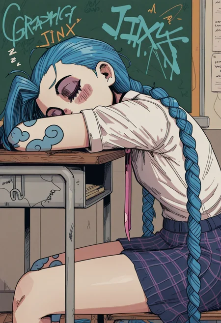 10P3Zstyle, masterpiece, best quality, solo, jinx \(lol\), blue hair, white shirt covered in messy graffiti, pink tie, sitting, classroom, head on desk, sleeping,
