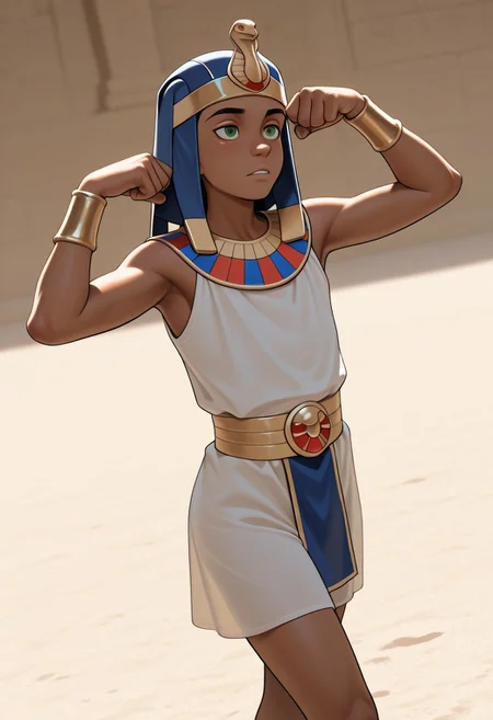 masterpiece, absurdres, high quality, perfect anatomy, 1boy, solo, cute boy, male focus, Rapses, Dark Skin, Green Eyes, Egyptian Clothing, Egyptian Headdress, golden wristbands, cinematic, intricately detailed illustration, depth of field, masterpiece, best quality, amazing quality, very aesthetic, absurdres, newest, very awa,  shadow, dynamic angle, casual cosplay, dynamic pose, simple background,