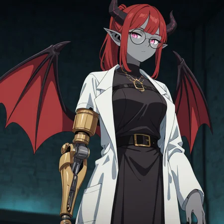 masterpiece, best quality, newest, absurdres, highres,
DMStyle-DmpackV1.0, official style,
1girl, succubus, grey skin, goth, goth girl, goth makeup, grey colored skin, red hair, demon girl, horns, wings, bat wings, demon wings, red wings, lab coat, coat, single mechanical arm, glasses, round glasses, ponytail, high taied ponytail, side bangs, Oneprostethicarm, pink eyes, amputee, prosthesis, prosthetic arm, medium breasts, pointy ears,