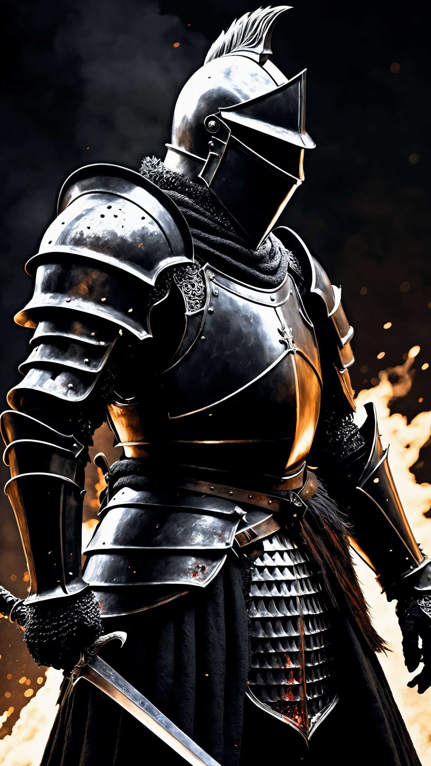 by Roger Deakins, cinematic, breathtaking details, dry brush art, canvas of ink, emanating particles, cinder knight, dark souls, disintegrating effect:1.3, knight in black armor, side view, dark, gritty, horror epic photorealistic, art by wlop Yuumei, photography