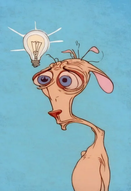 solo, upper body, ren, long ears, expression, moping, expression, light bulb moment above head, ((eureka)), pale blue background,
no humans, easynegative, By bad artist