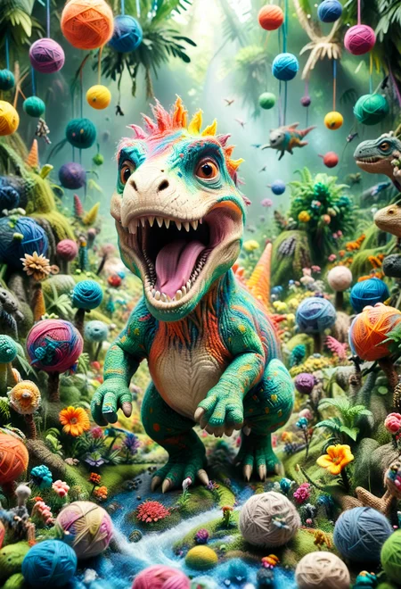 <lora:Yarnworld:1> cute, colorful, vivid and whimsical, imaginative, surreal fantasy, An epic image of a yrnwrld T-Rex running in a yrnwrld Prehistoric Jungle, ((dynamic angle, dynamic view, dutch angle)), blurred background,
<lora:add-detail-xl:1> , <lora:aidmaImageUpgraderSDXL-v0.3:0.75> aidmaimageupgrader, <lora:xl_more_art-full_v1:1>